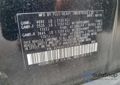 2015 Subaru Outback 2.5I Premium из США, поврежденный, VIN 4S4BSAEC5F3211970